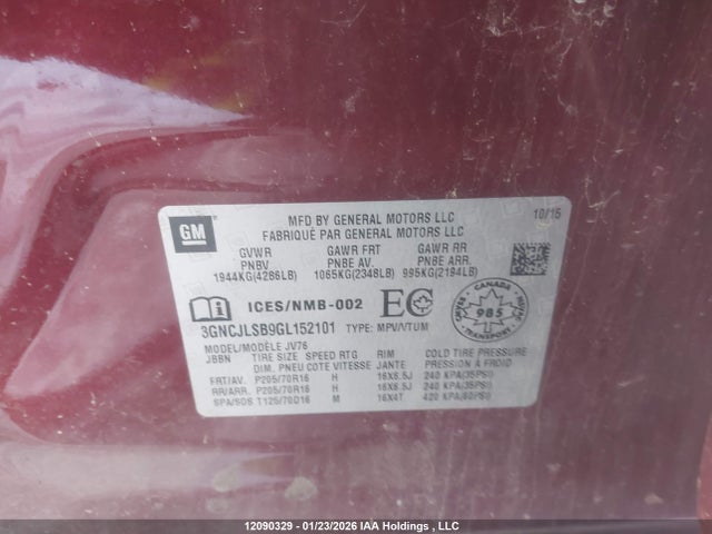 Продаж на аукціоні авто 2016 Chevrolet Trax, vin: 3GNCJLSB9GL152101, номер лоту: 12090329
