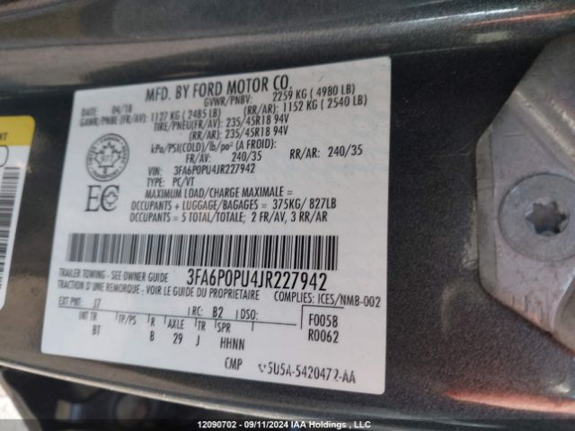 3FA6P0PU4JR227942 Ford Fusion Se Phev