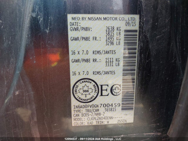 Nissan Frontier 2016 1N6AD0FV0GN700459 Image 9