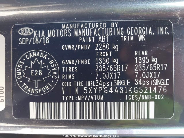 5XYPG4A31KG521476 KIA gdi theta-ii