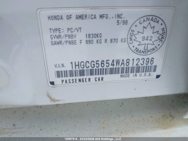 Продаж на аукціоні авто 1998 Honda Accord Sdn, vin: 1HGCG5654WA812396, номер лоту: 12097514