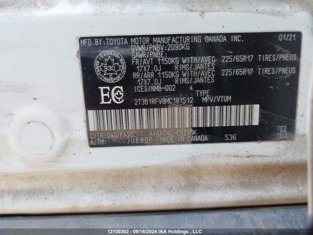 Aukcja sprzedaży 2021 Toyota Rav4 Le, vin: 2T3B1RFV8MC181512, numer aukcji: 12100302