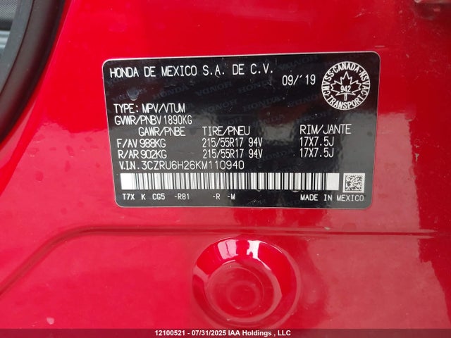 3CZRU6H26KM110940 Honda r18z9