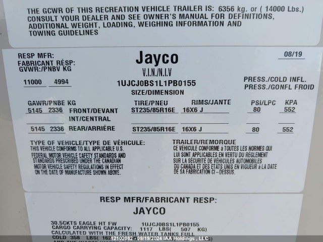 Aukcja sprzedaży 2020 Jayco Eagle, vin: 1UJCJ0BS1L1PB0155, numer aukcji: 12102082