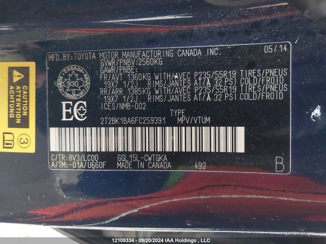 2T2BK1BA6FC259391 Lexus Rx 350/base/f Sport