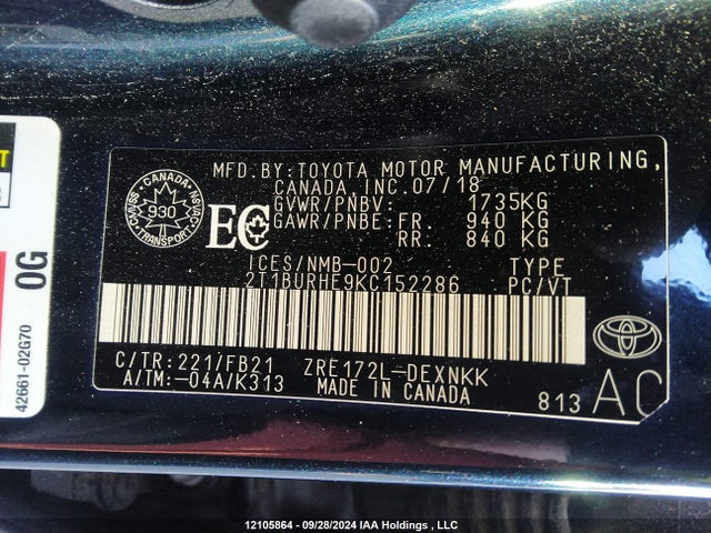 2T1BURHE9KC152286 Toyota Corolla L/le/xle/se/xse