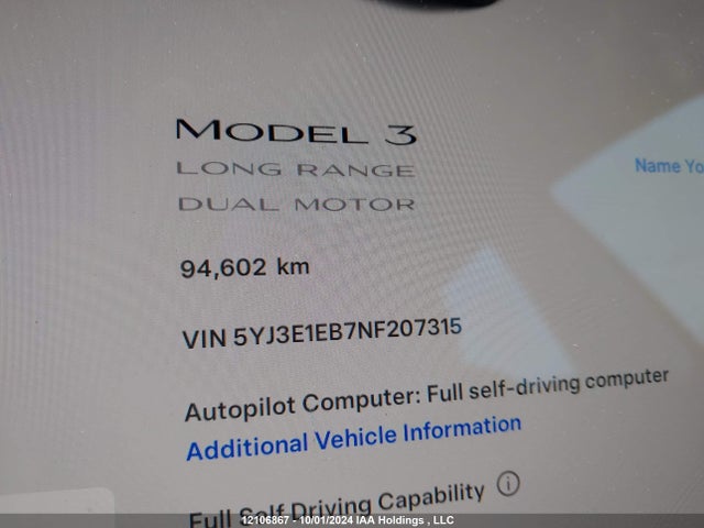 Tesla MODEL 3 2022 5YJ3E1EB7NF207315 Image 7