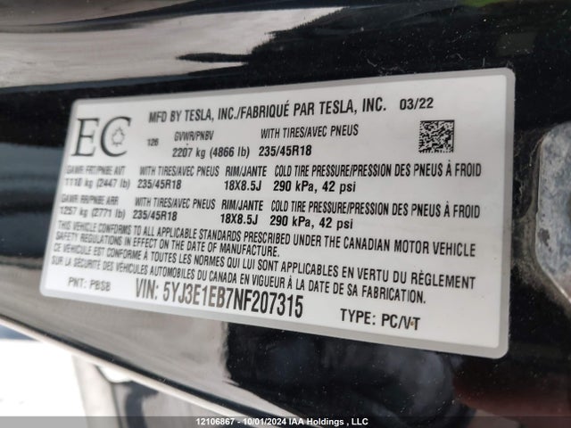 Tesla MODEL 3 2022 5YJ3E1EB7NF207315 Image 9