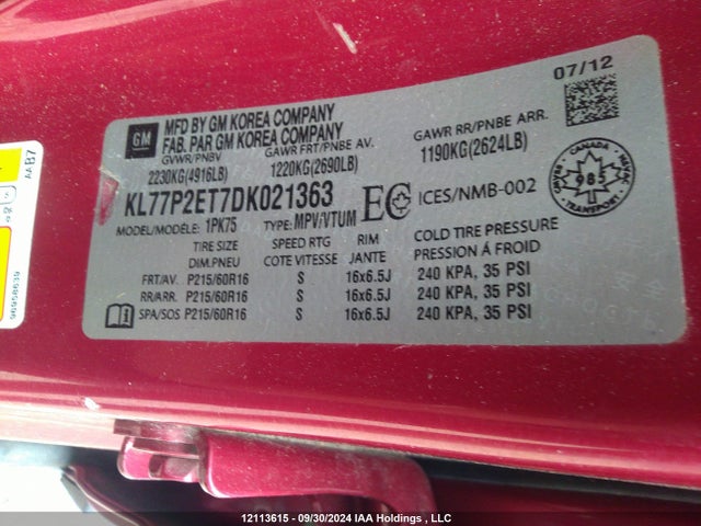 2013 Chevrolet Orlando მანქანა იყიდება აუქციონზე, vin: KL77P2ET7DK021363, აუქციონის ნომერი: 12113615