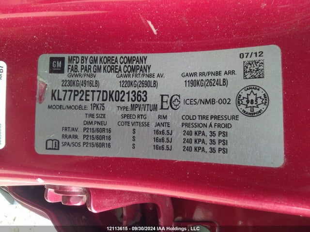 2013 Chevrolet Orlando მანქანა იყიდება აუქციონზე, vin: KL77P2ET7DK021363, აუქციონის ნომერი: 12113615