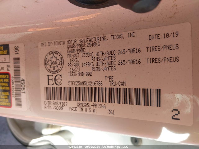 Aukcja sprzedaży 2020 Toyota Tacoma, vin: 5TFCZ5AN5LX216786, numer aukcji: 12113730