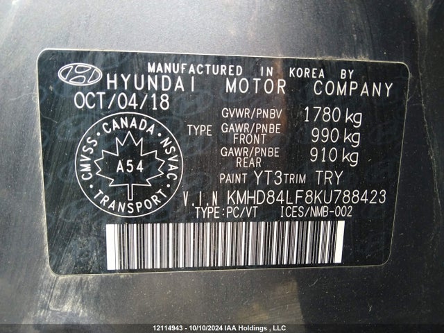 KMHD84LF8KU788423 Hyundai mpi nu