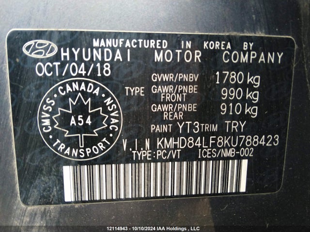 KMHD84LF8KU788423 Hyundai mpi nu