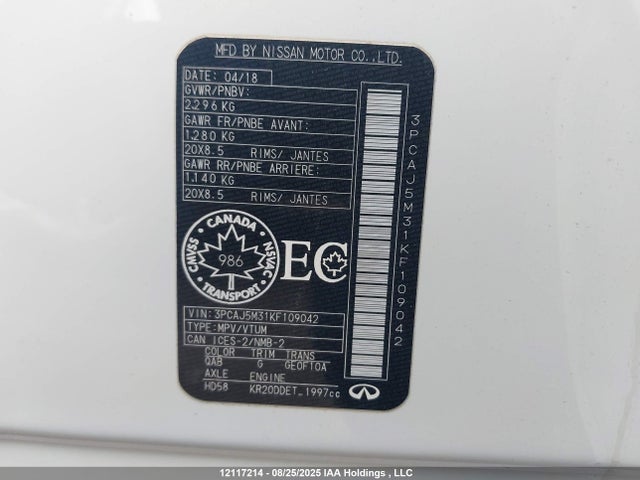 3PCAJ5M31KF109042 Infiniti QX50