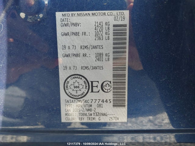 5N1AT2MV5KC777445 Nissan Rogue