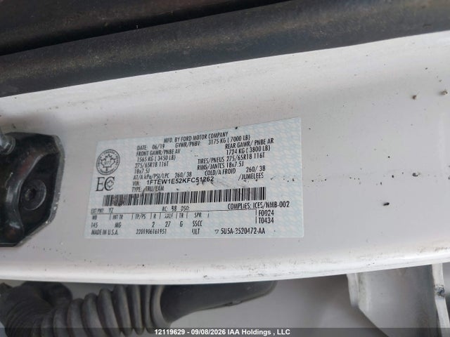12119629 :رقم المزاد ، 1FTEW1E52KFC51262 vin ، 2019 Ford F150 Supercrew مزاد بيع