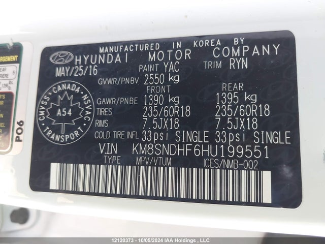 KM8SNDHF6HU199551 Hyundai Santa Fe Se/limited