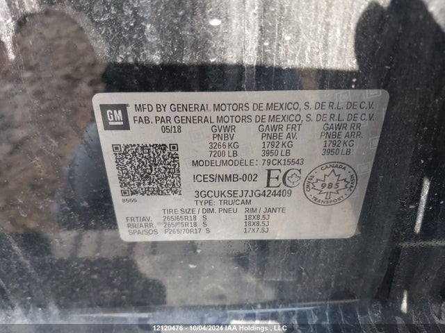 3GCUKSEJ7JG424409 Chevrolet l86 - sidi: spark ignited direct injection, vvt: variable valve timing, afm, e85 max, alum