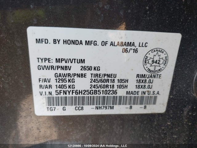 5FNYF6H25GB510236 Honda j35y6