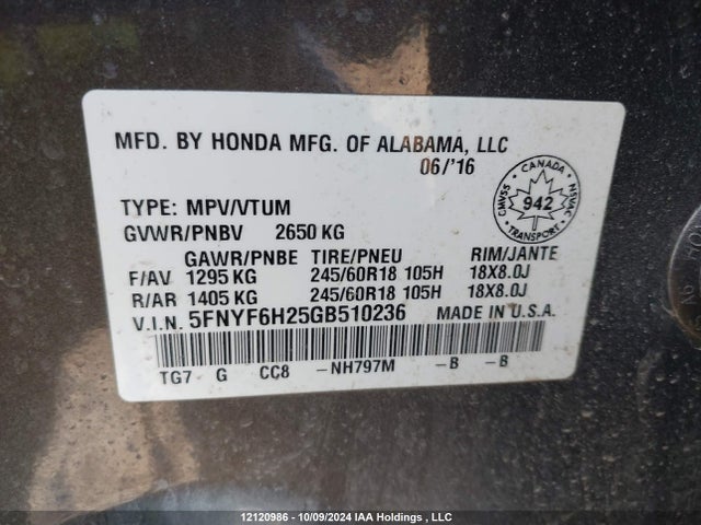 5FNYF6H25GB510236 Honda j35y6