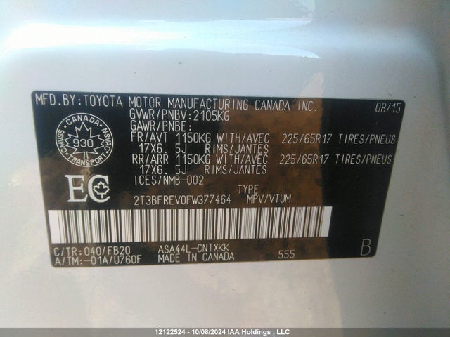 Toyota 2ar-fe 2015 2T3BFREV0FW377464 Image 9