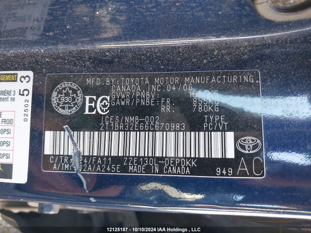 Aukcja sprzedaży 2006 Toyota Corolla Ce/le/sport, vin: 2T1BR32E66C670983, numer aukcji: 12125187