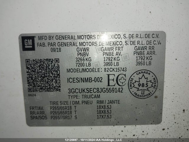 12125697 :رقم المزاد ، 3GCUKSEC8JG559142 vin ، 2018 Chevrolet Silverado 1500 مزاد بيع