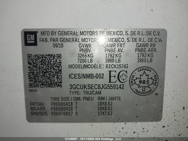 12125697 :رقم المزاد ، 3GCUKSEC8JG559142 vin ، 2018 Chevrolet Silverado 1500 مزاد بيع