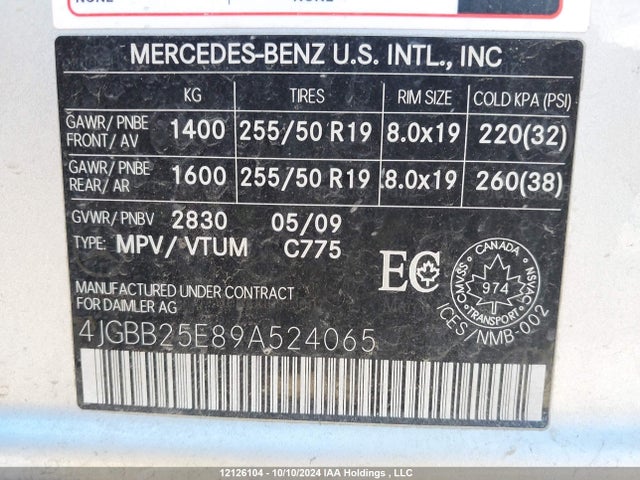 12126104 :رقم المزاد ، 4JGBB25E89A524065 vin ، 2009 Mercedes-benz Ml-class مزاد بيع