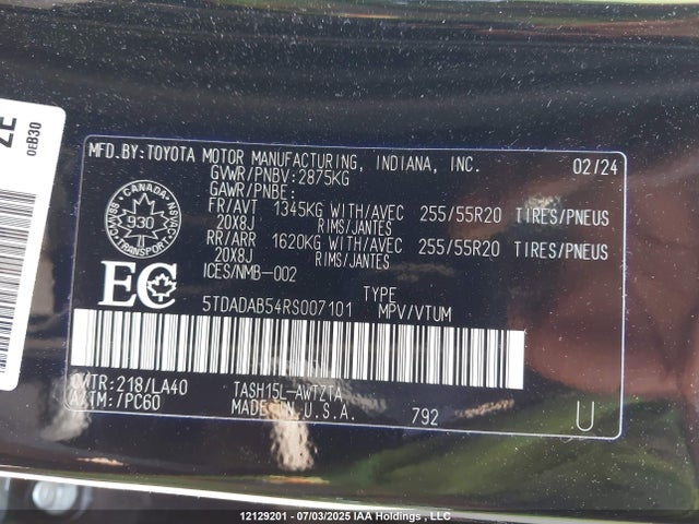 5TDADAB54RS007101 Toyota t24a-fts, 1zm+1ym