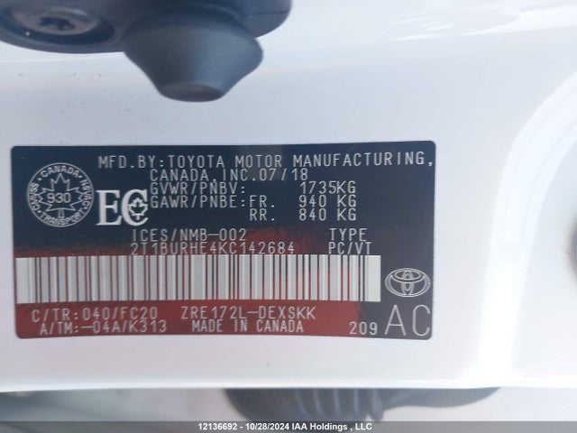 2T1BURHE4KC142684 Toyota 2zr-fe