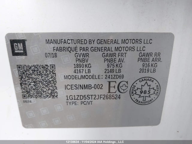 Chevrolet lfv - direct injection, variable valve timing, gen 1 2018 1G1ZD5ST2JF268524 Image 9