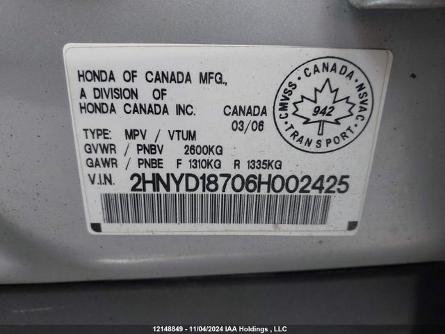 Aukcja sprzedaży 2006 Acura Mdx, vin: 2HNYD18706H002425, numer aukcji: 12148849