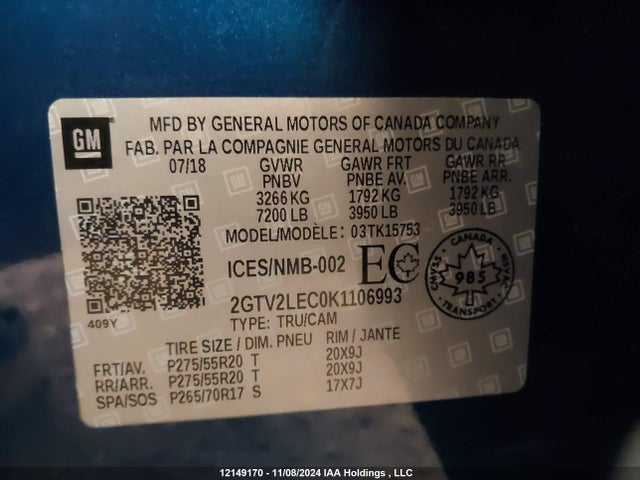 GMC l83 - sidi vvt, afm, e85 max, alum, gm 2019 2GTV2LEC0K1106993 Image 9