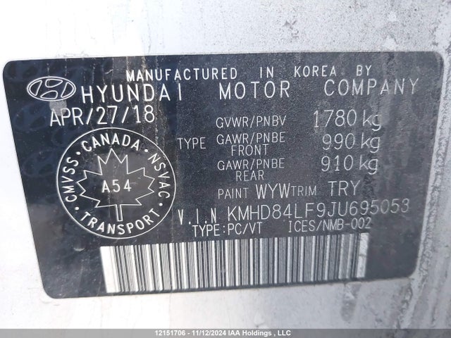 KMHD84LF9JU695053 Hyundai mpi nu