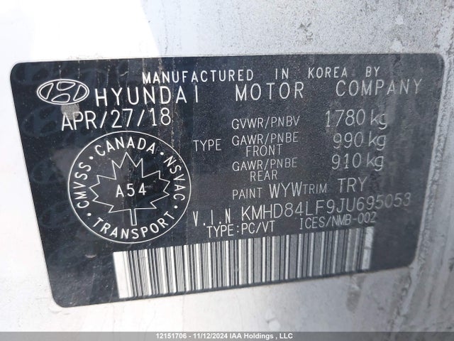 KMHD84LF9JU695053 Hyundai mpi nu