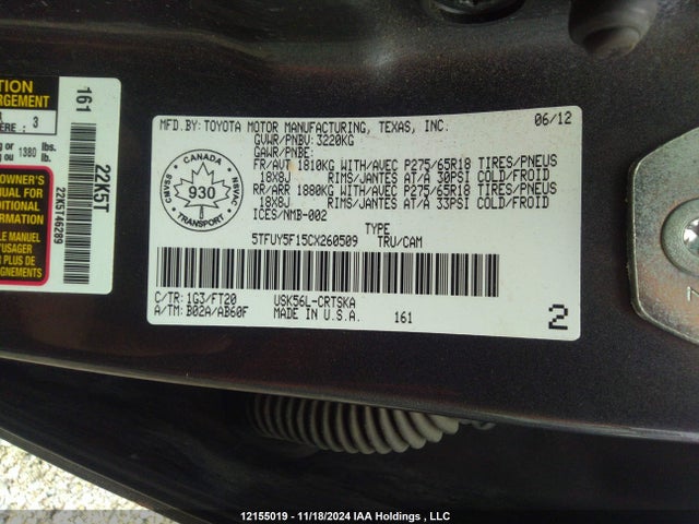 Продажа на аукционе авто 2012 Toyota Tundra Double Cab Sr5, vin: 5TFUY5F15CX260509, номер лота: 12155019