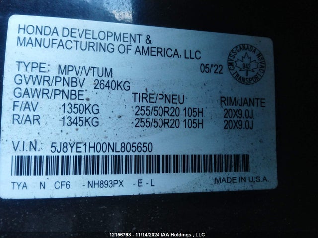 5J8YE1H00NL805650 Acura j35y5