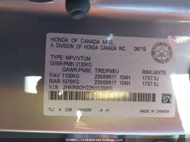 2HKRW2H22KH139866 Honda k24w9/k24v9