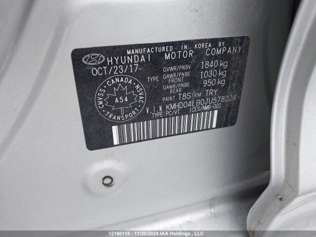 KMHD04LB0JU578224 Hyundai Elantra