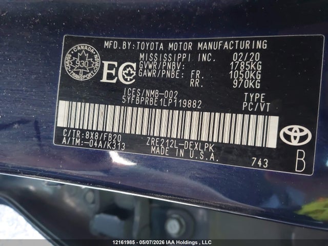 12161985 :رقم المزاد ، 5YFBPRBE1LP119882 vin ، 2020 Toyota Corolla Le مزاد بيع