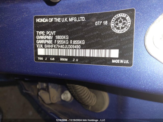 SHHFK7H40JU309490 Honda l15ba