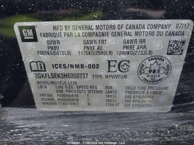 2GKFLSEK3H6350737 GMC lea - sidi: spark ignited direct injection, e85 max, alum