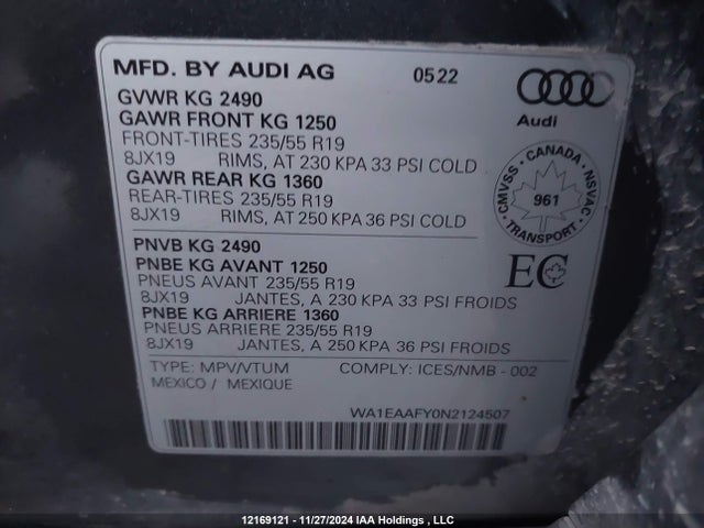WA1EAAFY0N2124507 Audi 45 tfsi