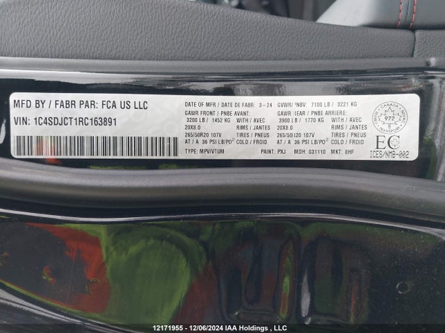 Продажа на аукционе авто 2024 Dodge Durango R/t, vin: 1C4SDJCT1RC163891, номер лота: 12171955