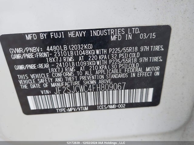 JF2SJCWC4FH809067 Subaru 2.5na c0