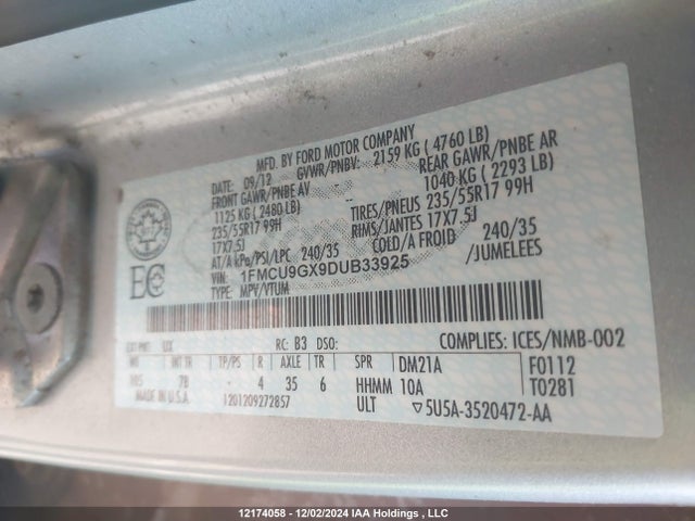 Продажа на аукционе авто 2013 Ford Escape Se, vin: 1FMCU9GX9DUB33925, номер лота: 12174058