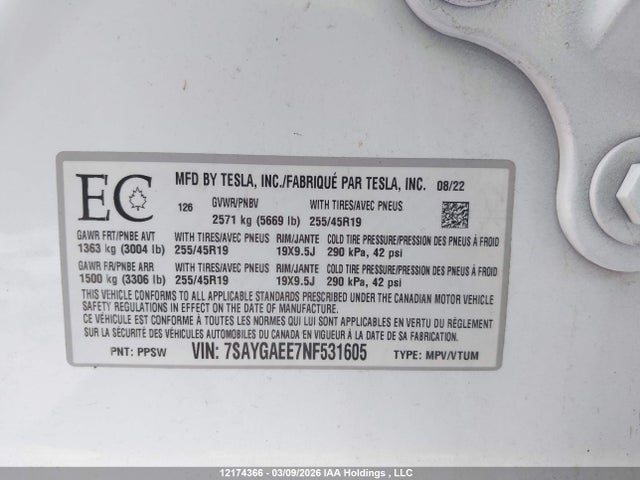 Tesla Model Y 2022 7SAYGAEE7NF531605 Image 9