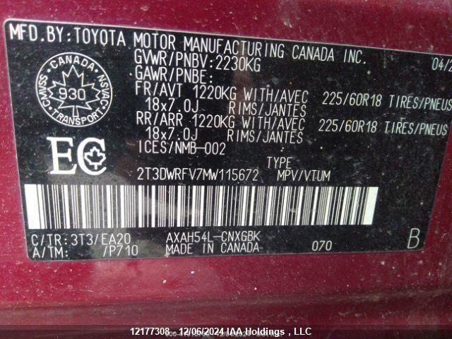 2T3DWRFV7MW115672 Toyota a25a-fxs, 3nm+4nm(ni)