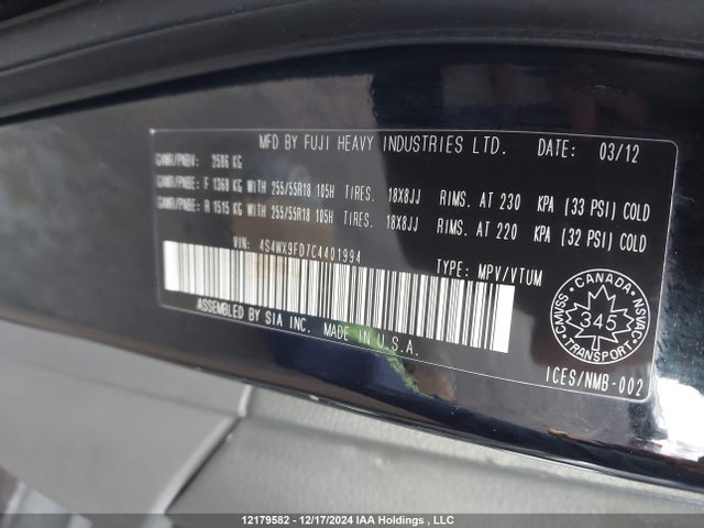 Aukcja sprzedaży 2012 Subaru Tribeca, vin: 4S4WX9FD7C4401994, numer aukcji: 12179582